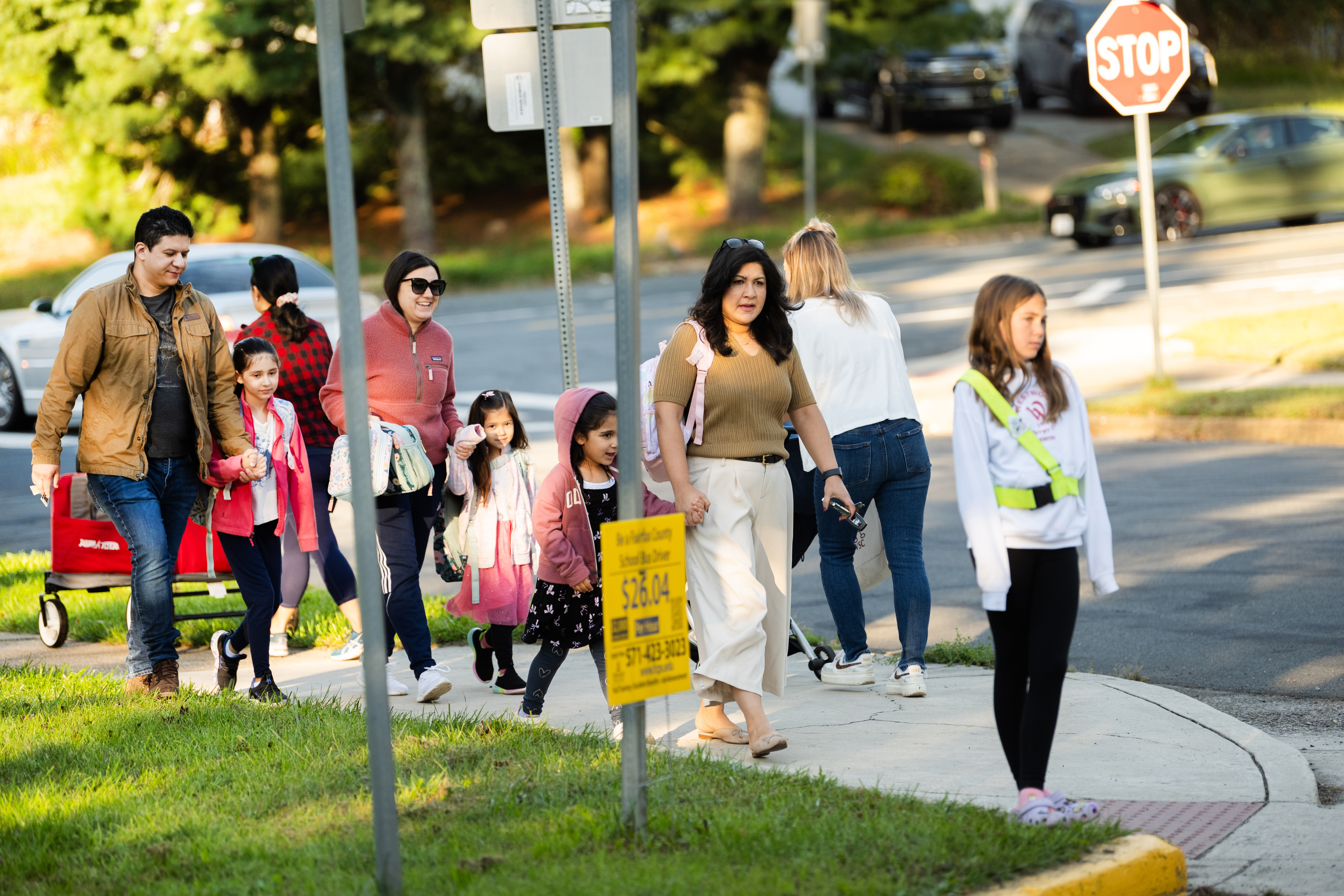 Families walk to Wolftrap Elementary School.