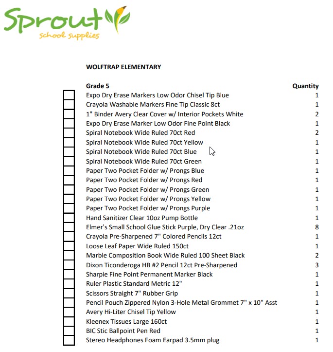 Fifth Grade Supply List Wolftrap Elementary School